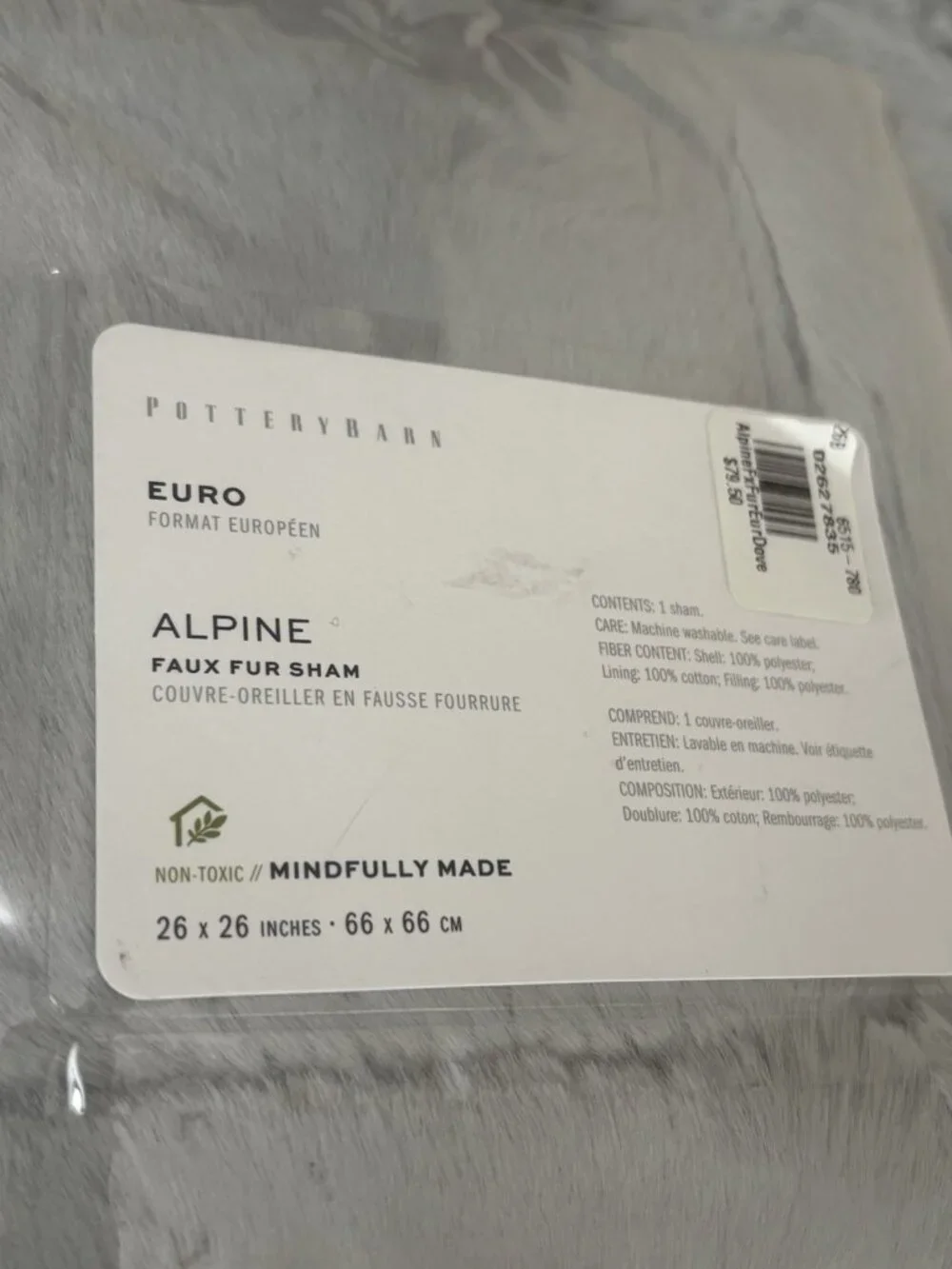 Pottery Barn Alpine PAIR Faux Fur EURO Pillow Shams Grey NEW 26”‎